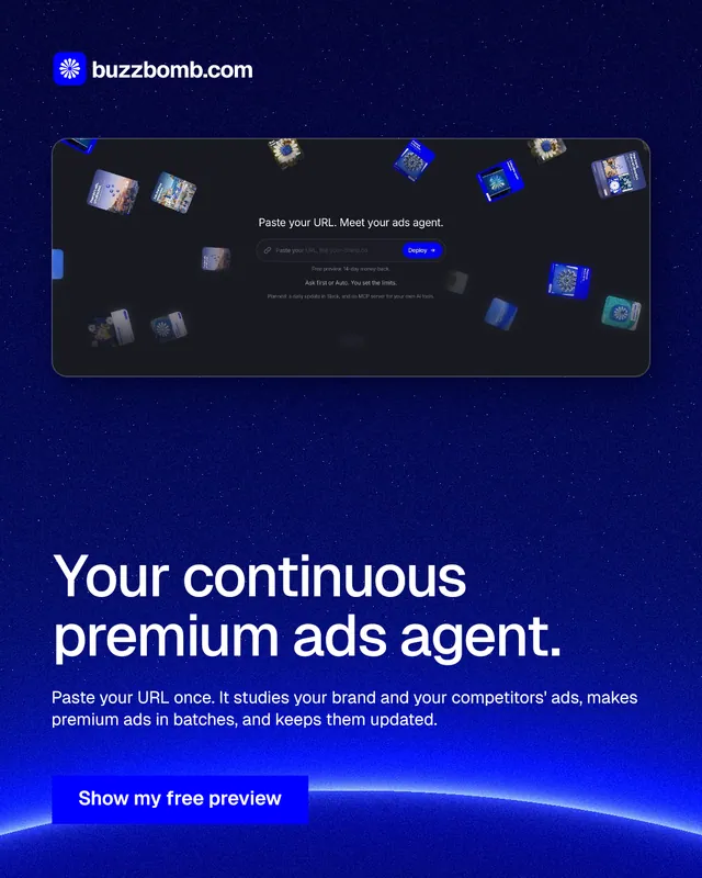 Instagram portrait post for BuzzBomb: "Your continuous premium ads agent." Swiss style, bottom layout, dark palette in blue.