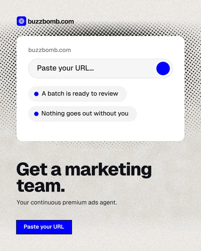 Instagram portrait post for BuzzBomb: "Get a marketing team." Ink sticker style, bottom layout, light palette in white, grey.