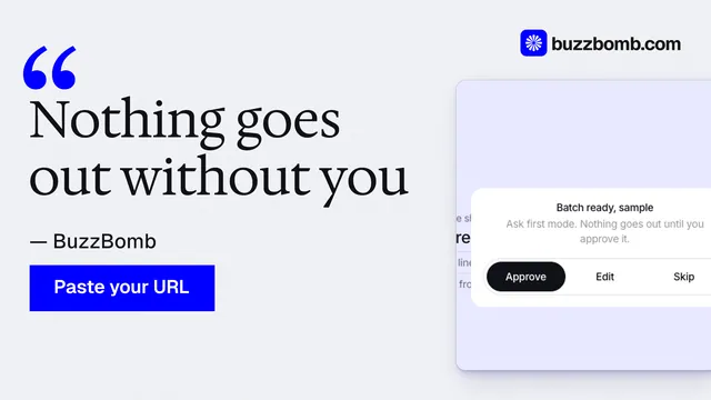 Landscape graphic for BuzzBomb: "Nothing goes out without you". Swiss style, quote layout, light palette in white, blue.