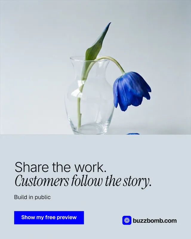 Instagram portrait post for BuzzBomb: "Share the work. Customers follow the story." Swiss style, bottom layout, light palette in blue, white.