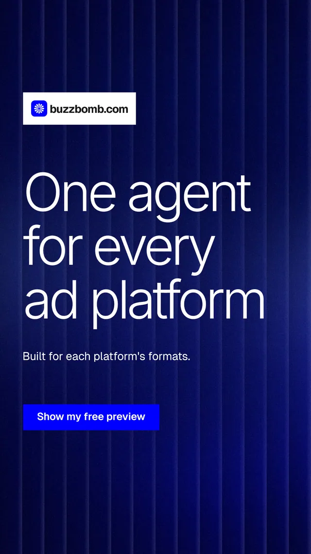 Instagram story for BuzzBomb: "One agent for every ad platform". Swiss style, announce layout, dark palette in blue.