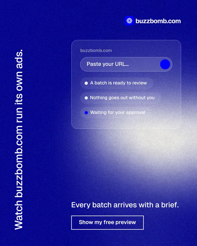 Instagram portrait post for BuzzBomb: "Watch buzzbomb.com run its own ads." Cyanotype style, vertical layout, dark palette in blue.