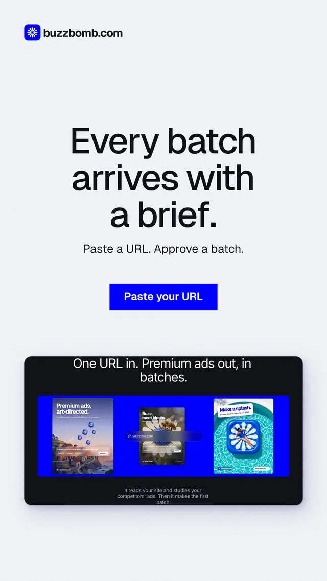Instagram story for BuzzBomb: "Every batch arrives with a brief." Swiss style, centred layout, light palette in white, blue.