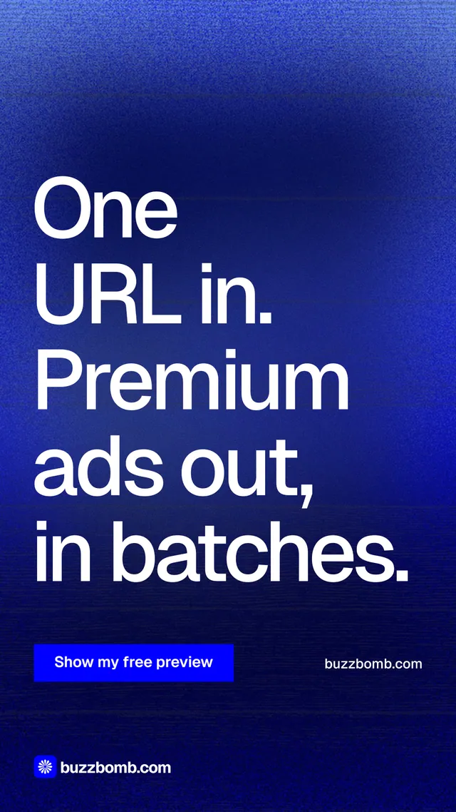 Instagram story for BuzzBomb: "One URL in. Premium ads out, in batches." Swiss style, poster layout, dark palette in blue.