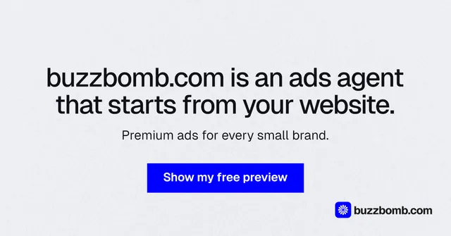 Social ad for BuzzBomb: "buzzbomb.com is an ads agent that starts from your website." Swiss style, centred layout, light palette in white, blue.