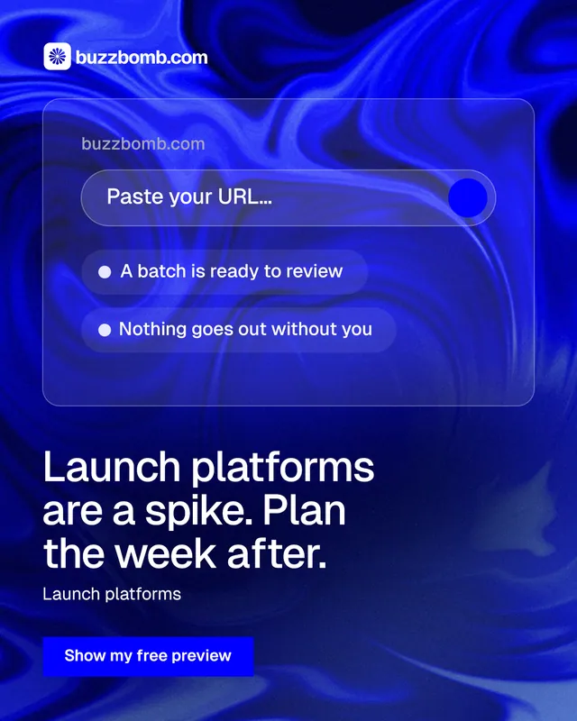 Instagram portrait post for BuzzBomb: "Launch platforms are a spike. Plan the week after." Swiss style, bottom layout, dark palette in blue.