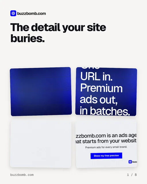 Carousel for BuzzBomb: "The detail your site buries.". Collection carousel, 8 slides, light palette.