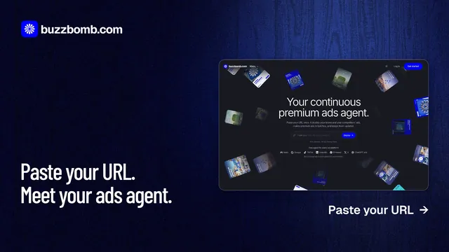 Landscape graphic for BuzzBomb: "Paste your URL. Meet your ads agent." Dark deco style, image led layout, dark palette in blue, black.