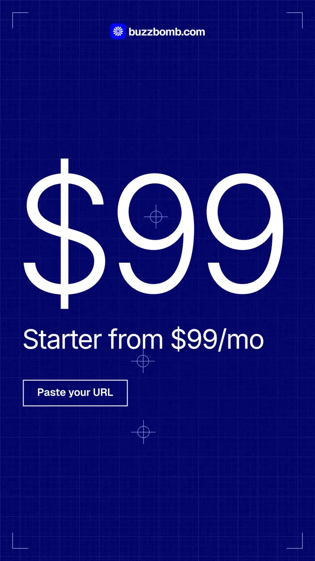 Instagram story for BuzzBomb: "Your continuous premium ads agent." Blueprint style, stat layout, dark palette in blue.