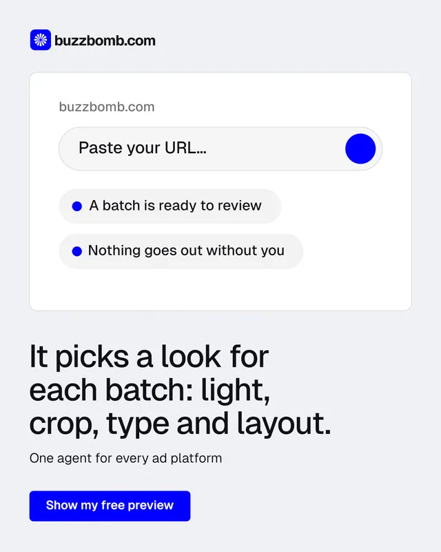 Instagram portrait post for BuzzBomb: "It picks a look for each batch: light, crop, type and layout." Data card style, bottom layout, light palette in white, blue.