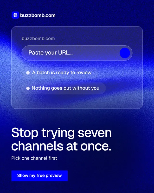 Instagram portrait post for BuzzBomb: "Stop trying seven channels at once." Swiss style, bottom layout, dark palette in blue.