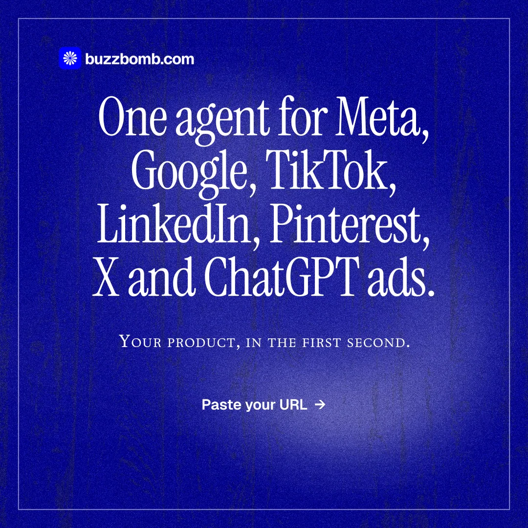 Instagram post for BuzzBomb: "One agent for Meta, Google, TikTok, LinkedIn, Pinterest, X and ChatGPT ads." Editorial style, smallcaps layout, dark palette in blue.