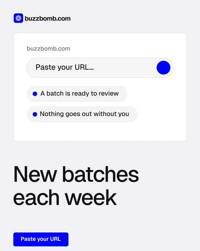 Instagram portrait post for BuzzBomb: "New batches each week". Data card style, bottom layout, light palette in white, blue.