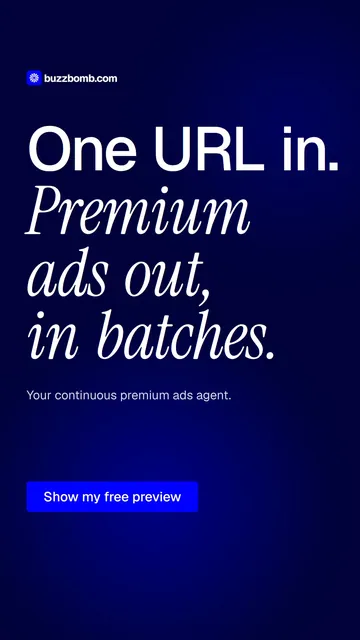 Video for BuzzBomb: "One URL in. Premium ads out, in batches.". Doc motion loop, 6.0 s, dark palette.