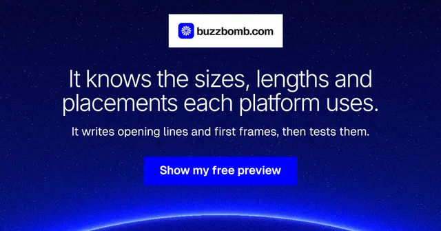 Social ad for BuzzBomb: "It knows the sizes, lengths and placements each platform uses." Swiss style, centred layout, dark palette in blue.