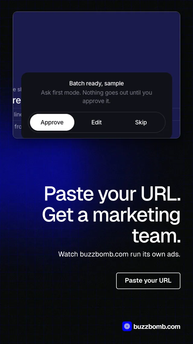 Instagram story for BuzzBomb: "Paste your URL. Get a marketing team." Phosphor atlas style, right layout, dark palette in black, blue.