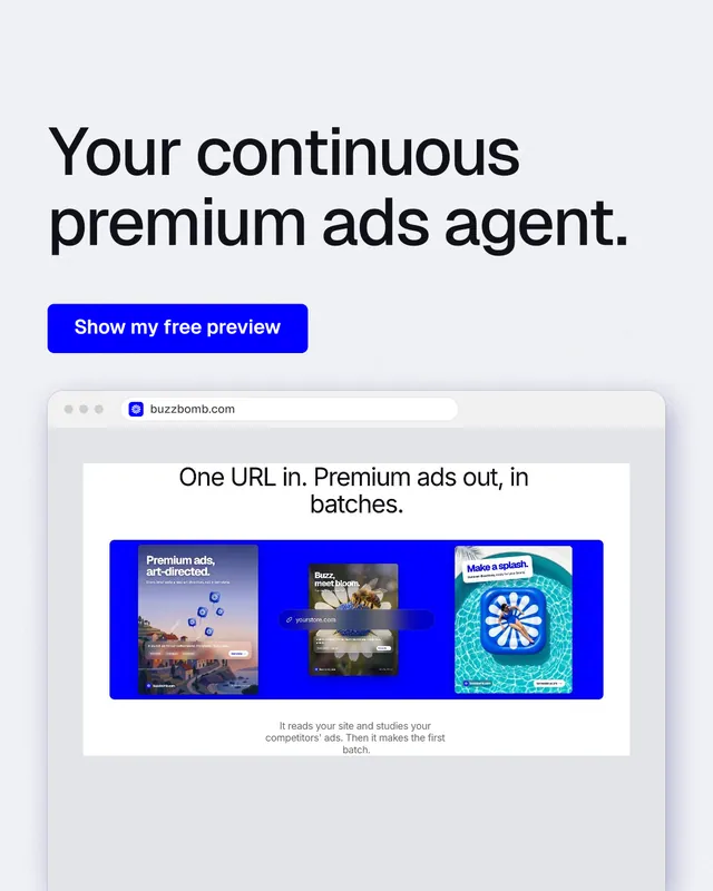 Instagram portrait post for BuzzBomb: "Your continuous premium ads agent." Data card style, browser layout, light palette in white, blue.