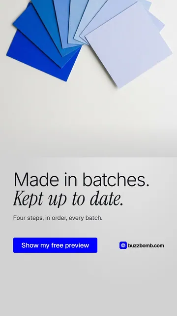 Video for BuzzBomb: "Made in batches. Kept up to date.". Doc motion loop, 7.0 s, light palette.
