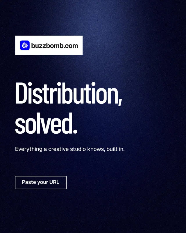 Instagram portrait post for BuzzBomb: "Distribution, solved." Dark deco style, announce layout, dark palette in black, blue, grey.