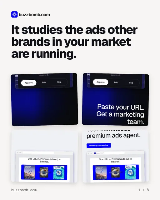 Carousel for BuzzBomb: "It studies the ads other brands in your market are running.". Collection carousel, 8 slides, light palette.