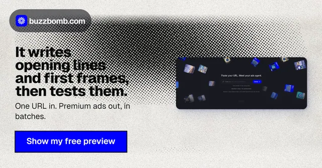 Social ad for BuzzBomb: "It writes opening lines and first frames, then tests them." Ink sticker style, bottom layout, light palette in blue, white, grey.