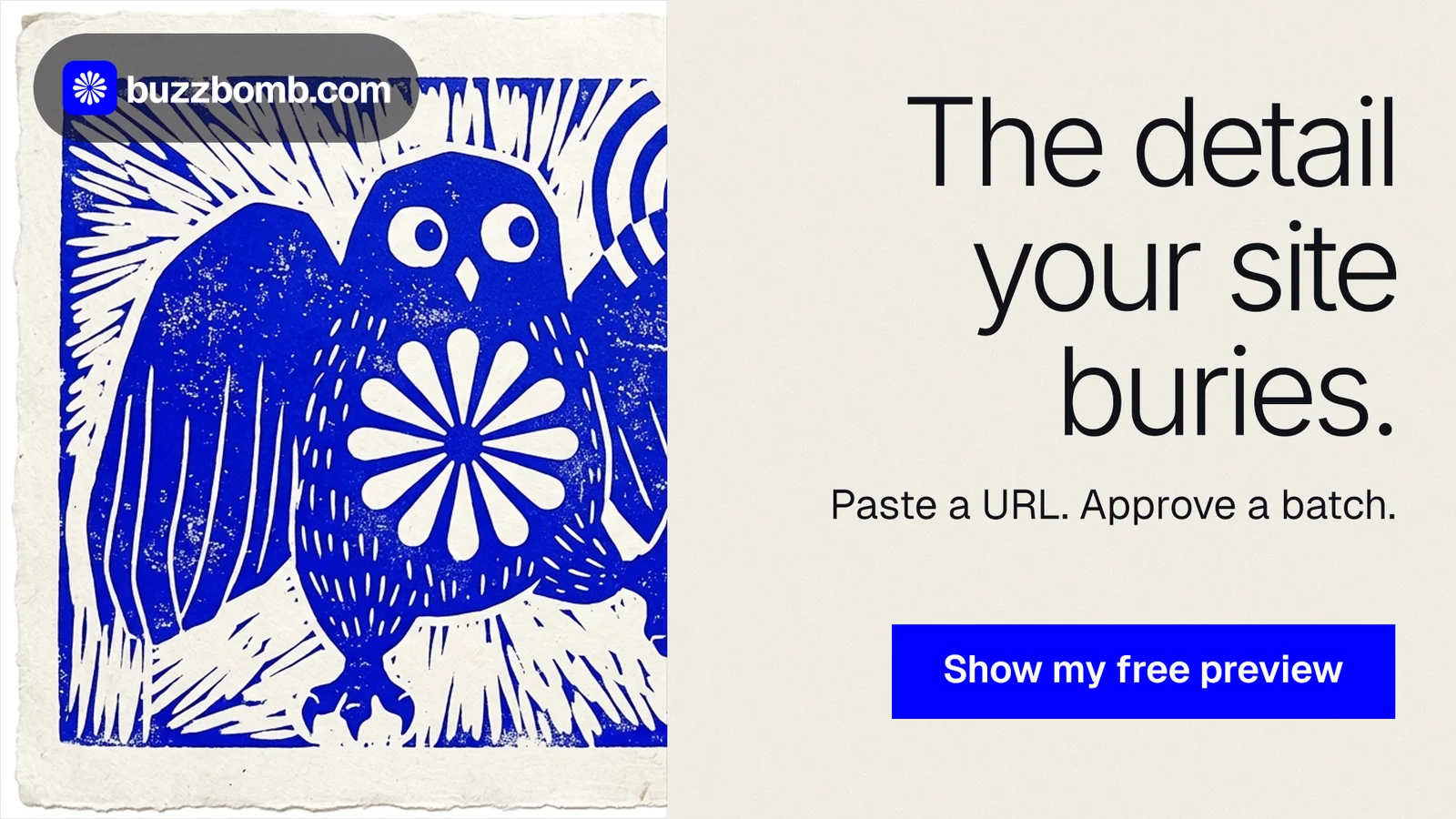 Landscape graphic for BuzzBomb: "The detail your site buries." Swiss style, right layout, light palette in yellow, blue, grey.