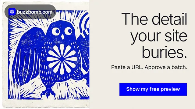 Landscape graphic for BuzzBomb: "The detail your site buries." Swiss style, right layout, light palette in yellow, blue, grey.