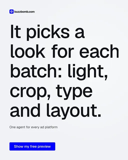 Video for BuzzBomb: "It picks a look for each batch: light, crop, type and layout.". Doc motion loop, 8.0 s, light palette.
