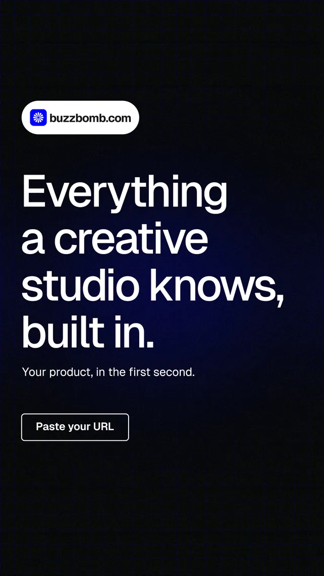 Instagram story for BuzzBomb: "Everything a creative studio knows, built in." Phosphor atlas style, announce layout, dark palette in black, grey.