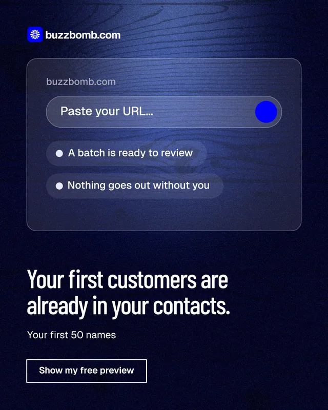 Instagram portrait post for BuzzBomb: "Your first customers are already in your contacts." Dark deco style, bottom layout, dark palette in blue, black.