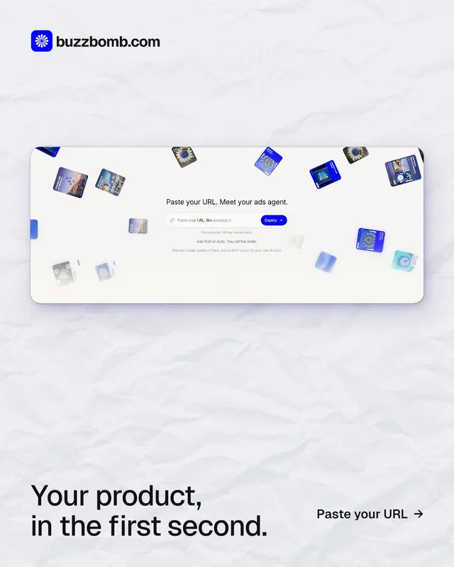 Instagram portrait post for BuzzBomb: "Your product, in the first second." Data card style, image led layout, light palette in white.