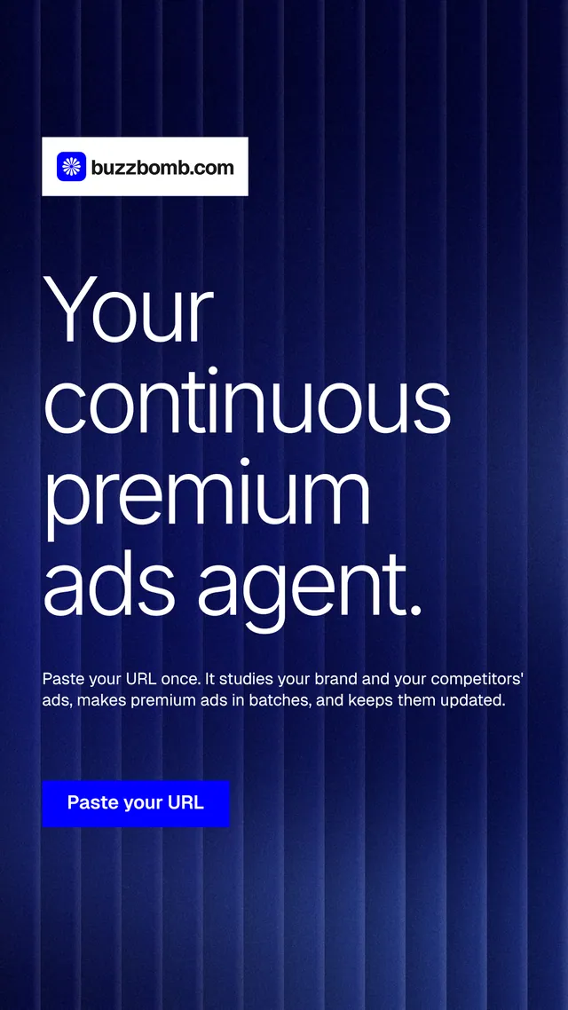 Instagram story for BuzzBomb: "Your continuous premium ads agent." Swiss style, announce layout, dark palette in black, blue, grey.