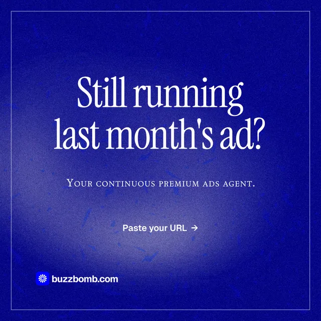 Instagram post for BuzzBomb: "Still running last month's ad?" Editorial style, smallcaps layout, dark palette in blue.