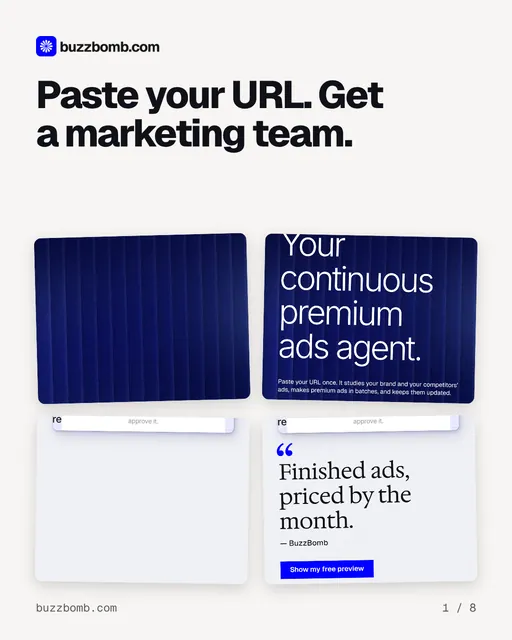Carousel for BuzzBomb: "Paste your URL. Get a marketing team.". Collection carousel, 8 slides, light palette.