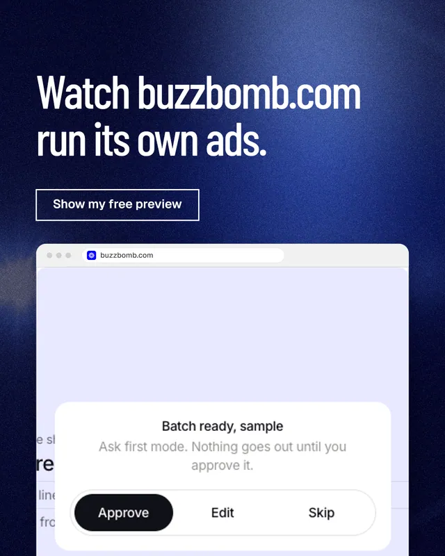 Instagram portrait post for BuzzBomb: "Watch buzzbomb.com run its own ads." Dark deco style, browser layout, light palette in blue, white, grey.