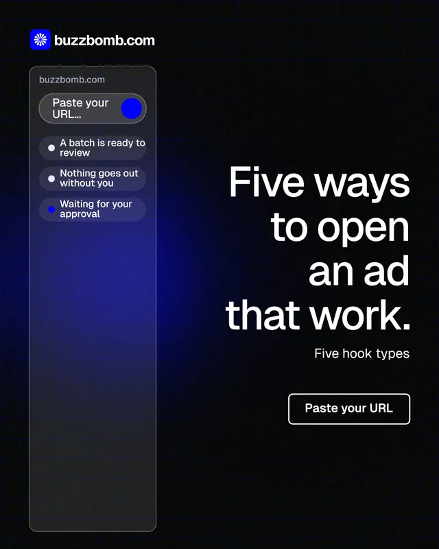 Instagram portrait post for BuzzBomb: "Five ways to open an ad that work." Phosphor atlas style, right layout, dark palette in black, blue, grey.
