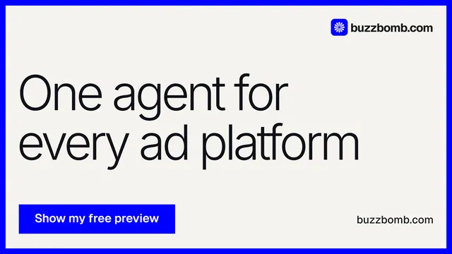Landscape graphic for BuzzBomb: "One agent for every ad platform". Swiss style, poster layout, light palette in white, grey, blue.
