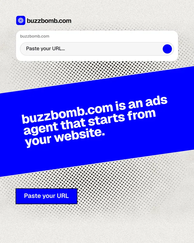 Instagram portrait post for BuzzBomb: "buzzbomb.com is an ads agent that starts from your website." Ink sticker style, diagonal layout, light palette in blue, white.