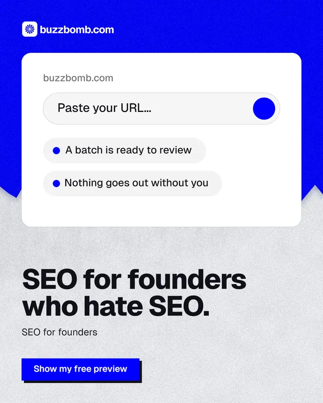 Instagram portrait post for BuzzBomb: "SEO for founders who hate SEO." Paper trio style, bottom layout, light palette in white, blue.