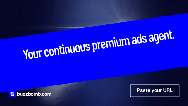 Landscape graphic for BuzzBomb: "Your continuous premium ads agent." Dark deco style, diagonal layout, dark palette in blue.
