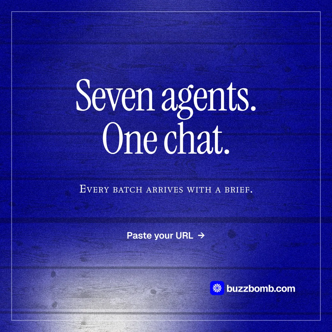 Instagram post for BuzzBomb: "Seven agents. One chat." Editorial style, smallcaps layout, dark palette in blue.