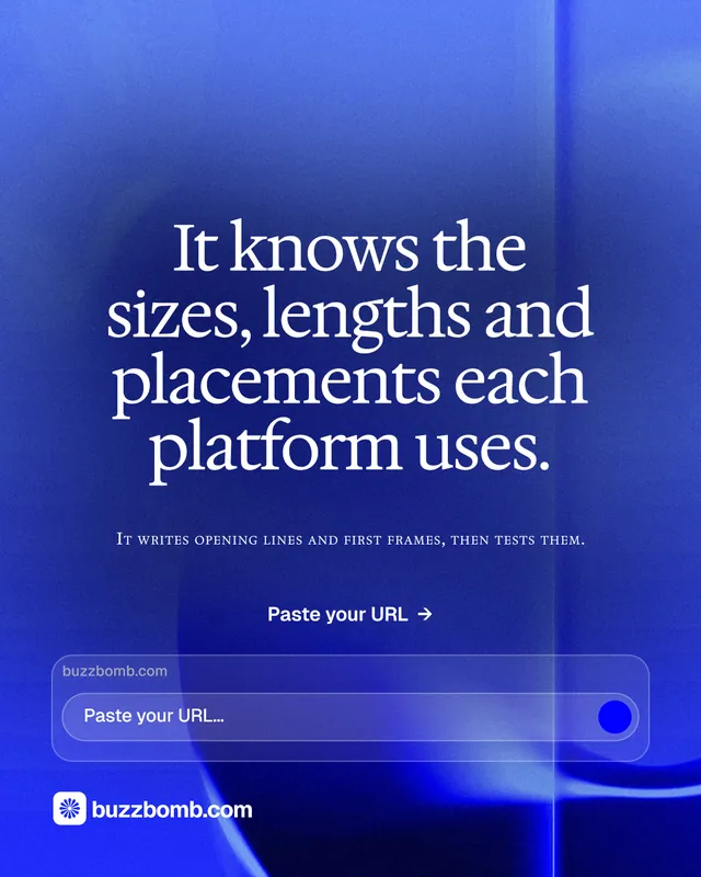Instagram portrait post for BuzzBomb: "It knows the sizes, lengths and placements each platform uses." Swiss style, smallcaps layout, dark palette in blue.