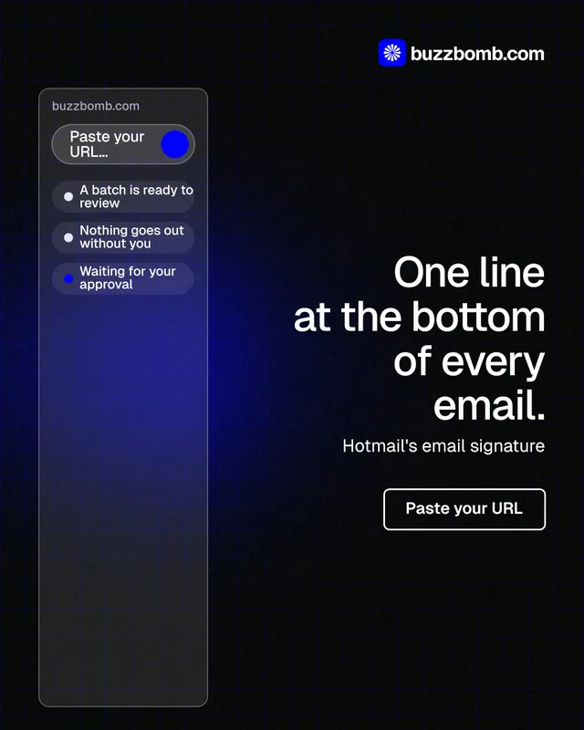 Instagram portrait post for BuzzBomb: "One line at the bottom of every email." Phosphor atlas style, right layout, dark palette in black, blue.