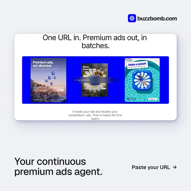 Instagram post for BuzzBomb: "Your continuous premium ads agent." Swiss style, image led layout, light palette in white, blue.