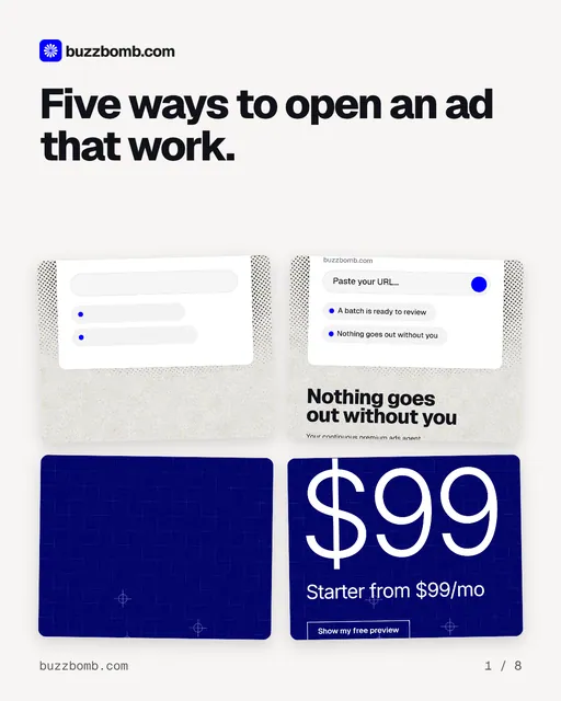 Carousel for BuzzBomb: "Five ways to open an ad that work.". Collection carousel, 8 slides, light palette.
