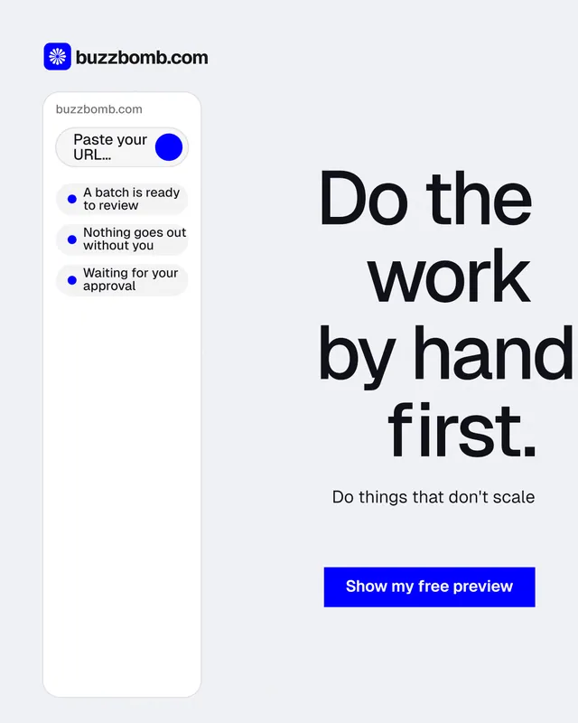 Instagram portrait post for BuzzBomb: "Do the work by hand first." Swiss style, right layout, light palette in white, blue.