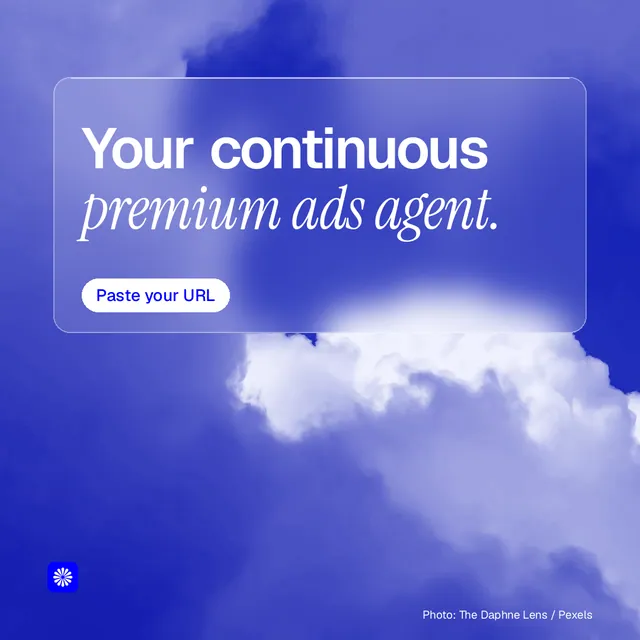 Instagram post for BuzzBomb: "Your continuous premium ads agent." Glass style, technique:pexels ingredient layout, light palette in blue.