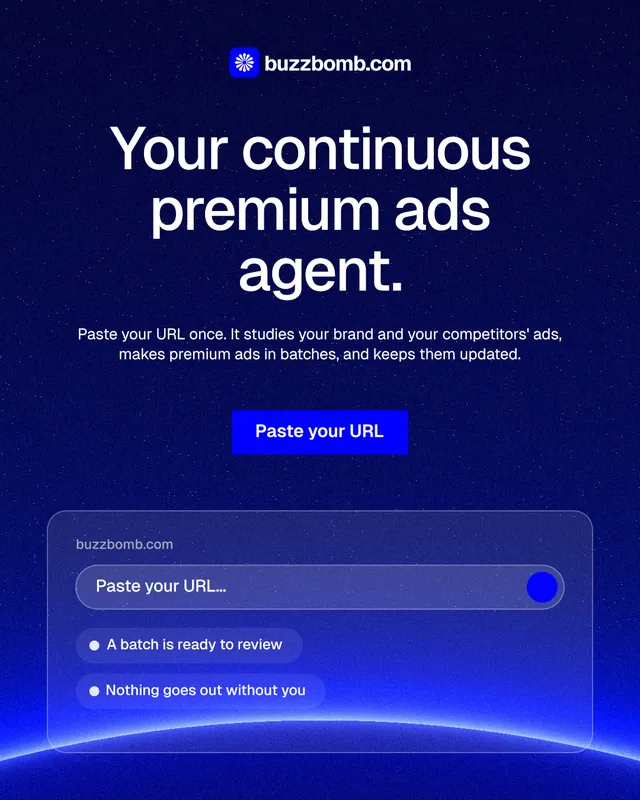 Instagram portrait post for BuzzBomb: "Your continuous premium ads agent." Swiss style, centred layout, dark palette in blue.