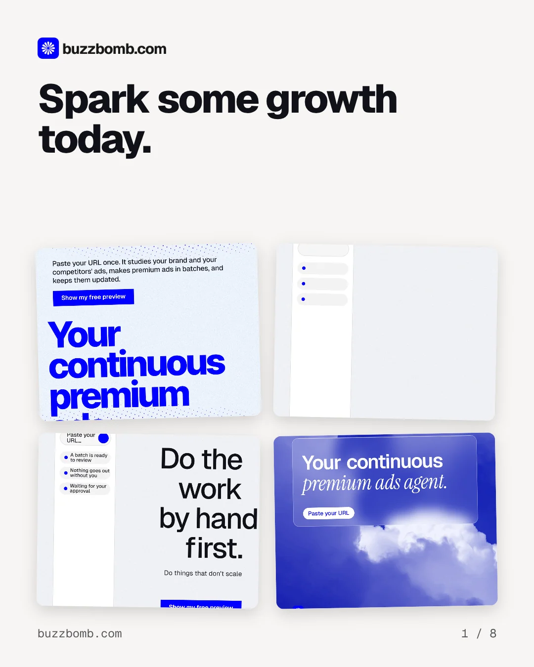 Carousel for BuzzBomb: "Spark some growth today.". Collection carousel, 8 slides, light palette.