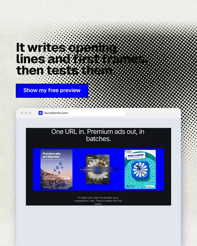 Instagram portrait post for BuzzBomb: "It writes opening lines and first frames, then tests them." Ink sticker style, browser layout, light palette in blue, white, grey.